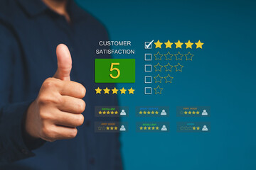 Hand showing thumbs up. Best excellent services for satisfaction client giving a five-star rating