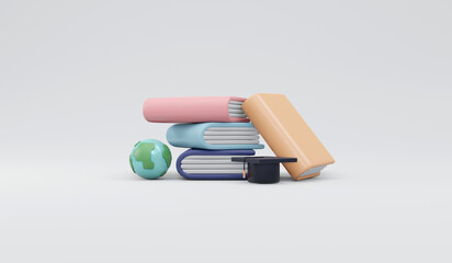 3D Rendering of Books and global icon. Template for background, banner, card, poster with text inscription concept of education. 3D Render illustration cartoon style.