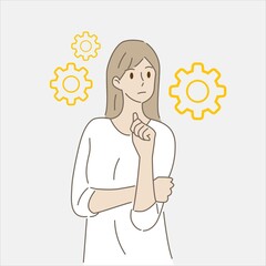 Young woman thinking or solving problem with gear icon. Concept of innovative ideas, creative thought, creativity and imagination. Hand draw style. Vector illustration.