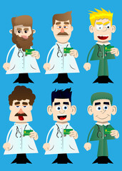 Funny cartoon doctor holding credit card. Vector illustration.