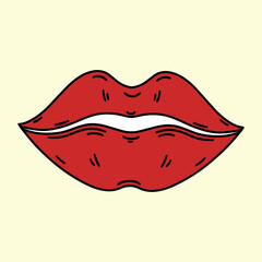 Bright kissing lips vector icon. Hand drawn vintage illustration. Female mouth painted with red lipstick. Retro hippie print for decoration, t-shirt design, sticker, card. Flat doodle, 70s style