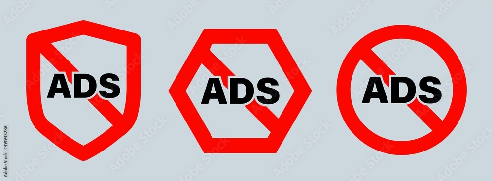 Poster no ads symbol collection. ad blocking red line icon. red crossed round button.