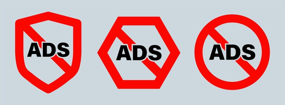 No ads symbol collection. Ad blocking red line icon. Red crossed round button.