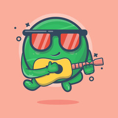 Cute tennis ball character mascot playing guitar isolated cartoon in flat style design