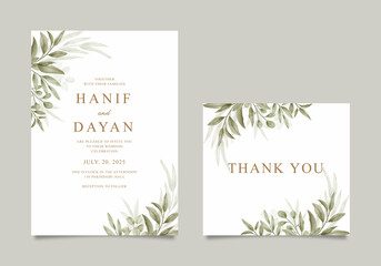 Wedding invitation card set with minimalistic foliage