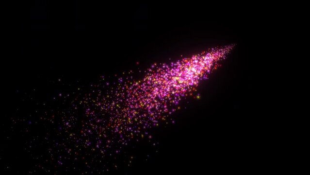 Colorful glittering pink stars particles flow from bottom side to top right side on black background, vertically centered. 4K render footage. 
