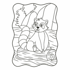 cartoon illustration The raccoon is climbing a large tree trunk that floats in the river in a sitting position book or page for kids black and white