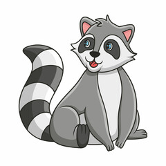 animals cartoon illustration The raccoon is climbing a large tree trunk that floats in the river in a sitting position