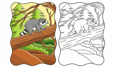 cartoon illustration The raccoon is climbing a large tree trunk that fell in the middle of the forest book or page for kids © Wahyu