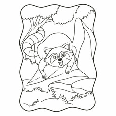 cartoon illustration The raccoon is crawling on a large rock in the middle of the forest with a happy pose book or page for kids black and white