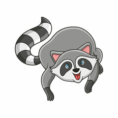 cartoon illustration The raccoon is crawling on a large rock in the middle of the forest with a happy pose