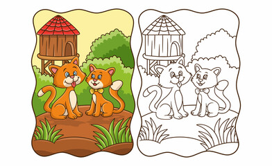 Fototapeta premium cartoon illustration a couple of cats making love in the garden book or page for kids