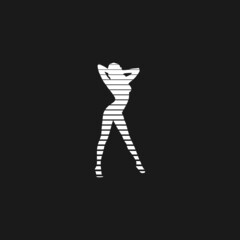 Retrowave aesthetics, the sexy woman silhouette 1980s style with stripes. Black and white hot woman silhouette with stripes. Design element for retrowave style projects. Vector