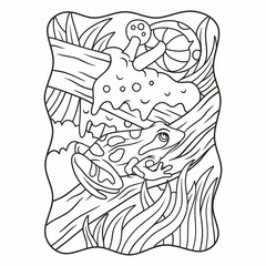 cartoon illustration a frog sitting on a big tree trunk which is very humid with mud and fungus nearby book or page for kids black and white