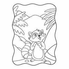 cartoon illustration The raccoon is standing in the middle of the forest and looking up for food book or page for kids black and white