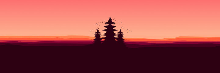 pine tree silhouette with landscape flat design vector illustration good for wallpaper, banner, background, backdrop, web, tourism and design template