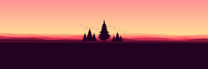 pine tree silhouette with landscape flat design vector illustration good for wallpaper, banner, background, backdrop, web, tourism and design template