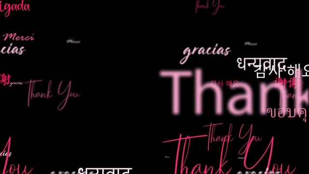 Animation loop of Thank you in different kind of Languages word related red pink word flowing. Element for intro, title banner on black background 
