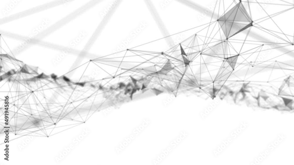 Poster Plexus fantasy abstract technology. Abstract geometric background with moving lines, dots and triangles. Science. Medicine and technology. Loop animations