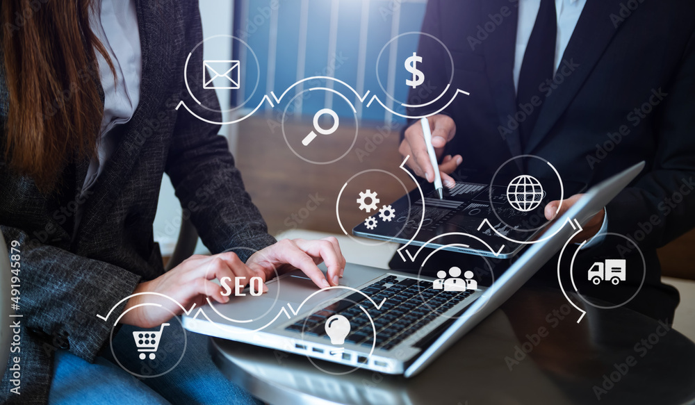 Poster seo optimization for website with mobile website and landing page virtual diagram.business teamwork 