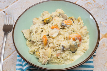 top view seafood risotto on a plate