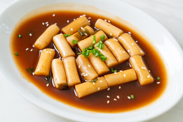 Spicy Jjajang Tteokbokki or Korean rice cake in spicy black bean sauce