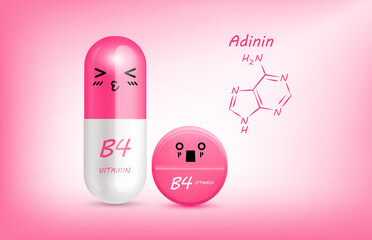 Pink vitamin B4 (Adinin) capsule cute cartoon character and structure. Pill capsules complex shaped mascot for pharmacy children's clinic. Healthcare and medicine skin care concept. 3D vector.