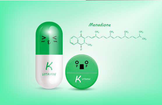Green vitamin K (Menadione) capsule cute cartoon character and structure. Pill capsules complex shaped mascot for pharmacy children's clinic. Healthcare and medicine skin care concept. 3D vector.