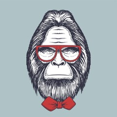 Bigfoot hand drawn wearing a red glasses and bow tie