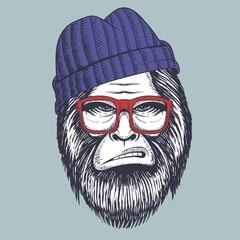 Bigfoot hand drawn wearing a red glasses and beanie