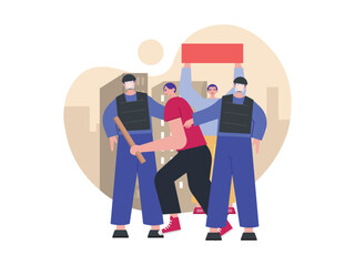 A man was detained by police during a riotous demonstration. The demonstration group brought wood and posters. Demonstration vector illustration.
