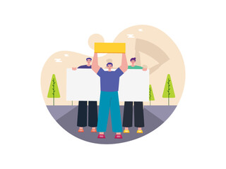Three young men carrying posters in a demonstration. Demonstration to express refusal. Demonstration vector illustration.
