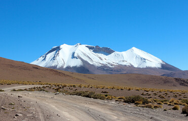 Montanha coberta de neve e estrada de terra em primeiro plano.
Altiplano boliviano, próximo a Potosi