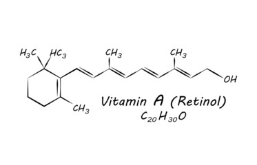 Vitamin A (Retinol) Chemical formula molecular structure complex. Vitamins and Minerals found in various foods. Science and medicine concept. Vector EPS10 Illustration.