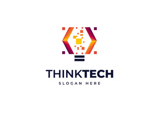 Fototapeta premium Think technology light bulb smart electricity idea vector logo design, Creative stack pixels tech particles icon logo design