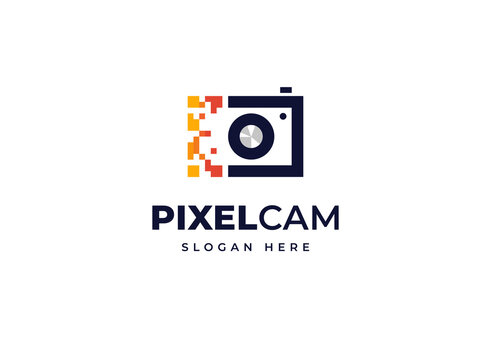 Pixels camera technology particles photography vector logo design, Initial letter C frame icon logo design