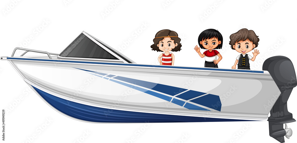 Wall mural boy and girl standing on a speeding boat on a white background