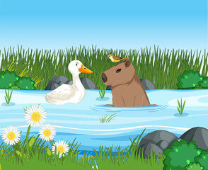 Capybara living in the nature pond