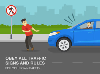 Pedestrian safety and car driving rules. Young male pedestrian about to be hit by suv car on a city road. Obey all traffic signs and rules for your own safety. Flat vector illustration template. - obrazy, fototapety, plakaty