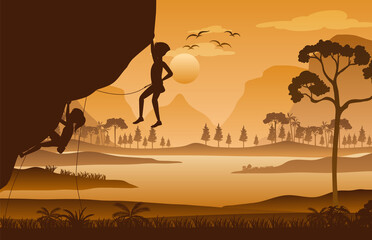 Silhouette scene with people climbing rock