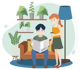 A man reading newspaper and woman holding coffee flat design at home