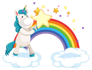 Unicorn standing on a cloud with rainbow in cartoon style