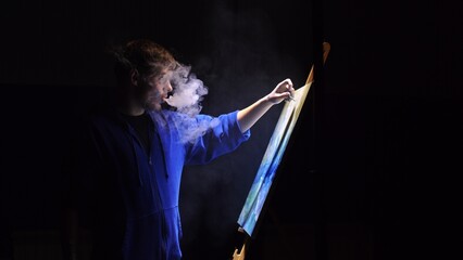 Artist copyist paint seascape with ship in ocean. Vaper smoke vape e-cigarette. Craftsman decorator...