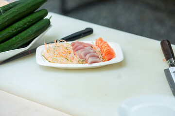 Japanese foods sashimi (raw sliced fish, Japan of raw fresh fish fillet (sashimi)  , Assorted Japanese sashimi