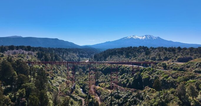 Volcanic panorama flight to rail viaduct, and view of Mt Ruapehu in Summer