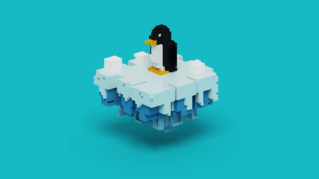 3D rendering of voxel penguin on floating snow island illustration. Using black, orange, white and blue color scheme.