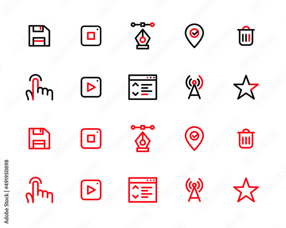Poster 2 color scheme ui icons. floppy disk, pointed pen, map pointer, tap and other. pixel perfect, editab