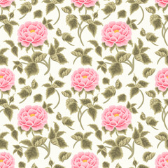 Vintage spring and summer pink garden peony flower vector seamless pattern illustration arrangements for fabric, floral prints, textile, gift wrapping paper, feminine brand and beauty products