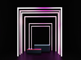 Illuminated square podiums with realistic white or pink square neon lights background 3D render