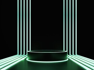 Illuminated 3D cylender or stage podium with realistic green rectangle neon lights background 3D render